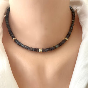 Labradorite Choker Necklace with Gold Vermeil Details and Clasp, 15"inches
