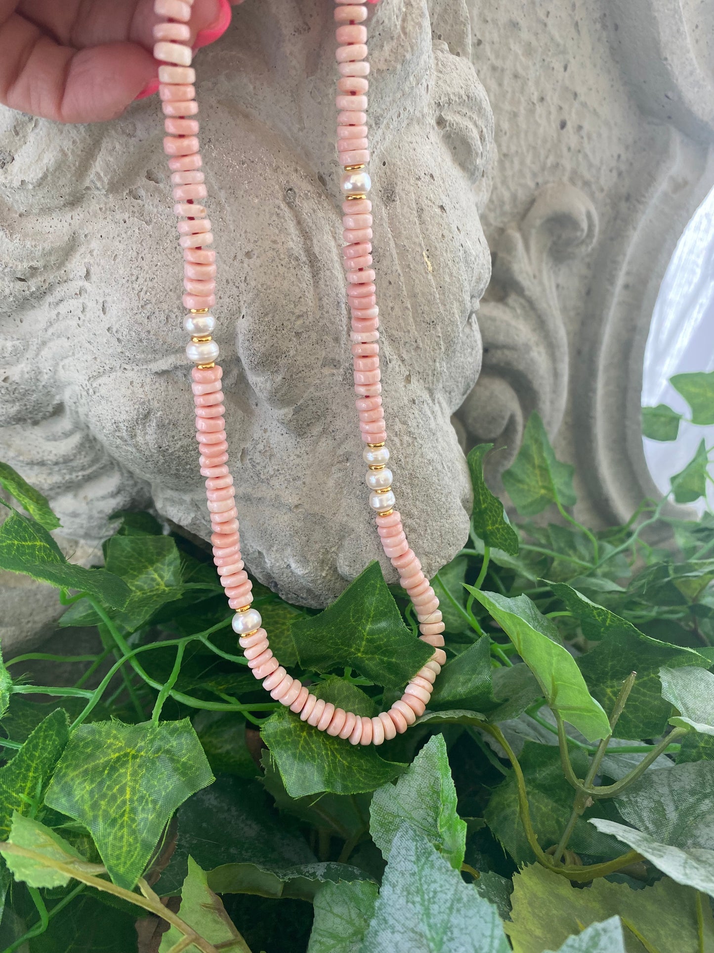 Pink opal pearl necklace handmade in Canada with freshwater pearls and pink opal beads