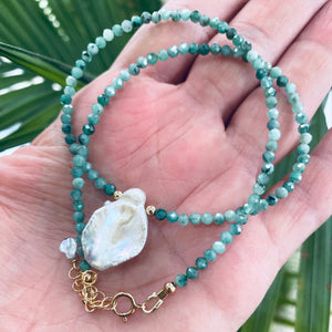 Emerald & Single Keshi Pearl Choker Necklace, May Birthstone
