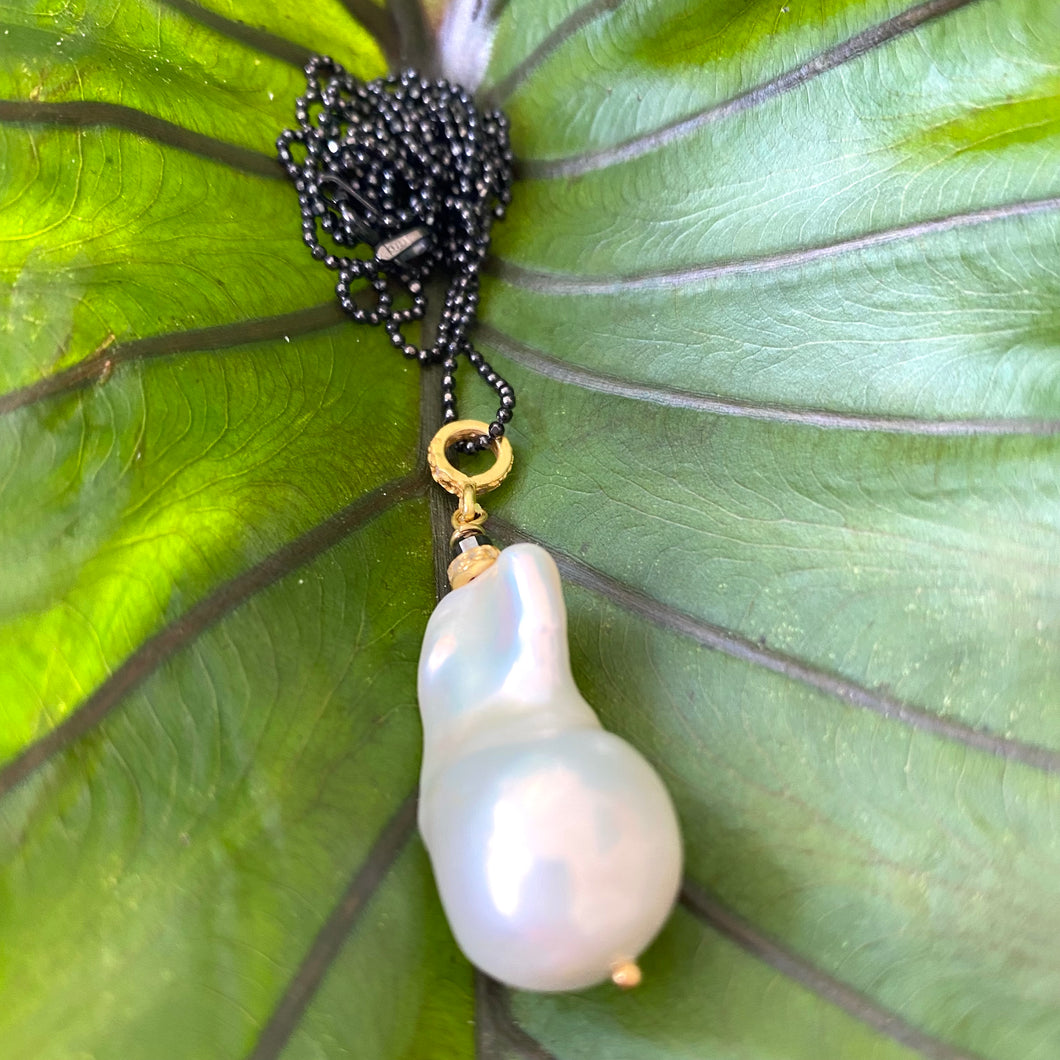 Baroque Pearl & Diamonds pendant Necklace, Black Rhodium Plated Sterling Silver Ball Chain, 35