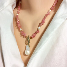 Load image into Gallery viewer, Rhodochrosite Beaded Necklace w Natural Pearls and Gold Bronze Artisan Toggle Clasp &amp; Details
