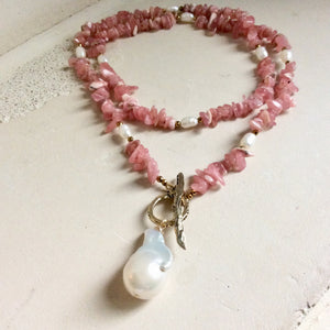 Rhodochrosite Beaded Necklace w Natural Pearls and Gold Bronze Artisan Toggle Clasp & Details