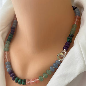 Aventurine, Jade, Multi Gemstones Candy Necklace, Silver Interlocking Clasp, 19.5"in, OOAK Jewelry