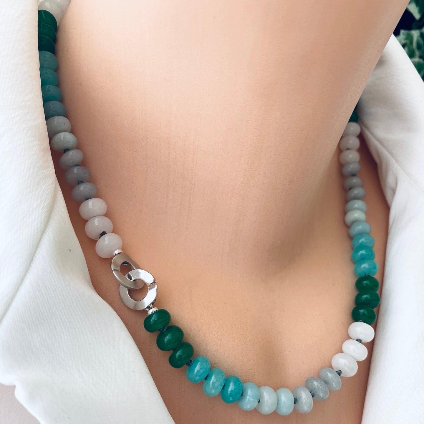Hand Knotted Amazonite, Jade Candy Necklace, Silver Interlocking Clasp, 19