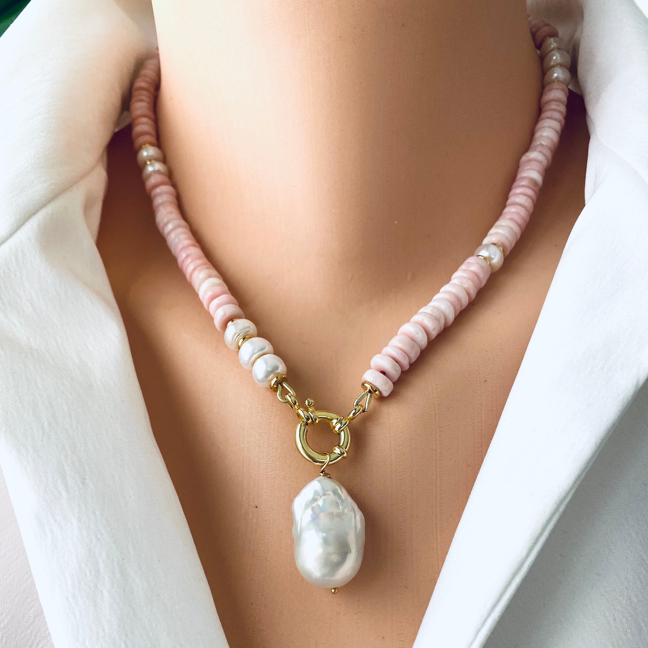 Pink Opal & Pearls Necklace with Optional Baroque Pearl Pendant