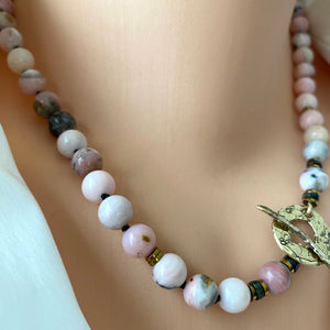 Pink Opal & Hematite Toggle Necklace, Gold Bronze Artisan Details, 18"in