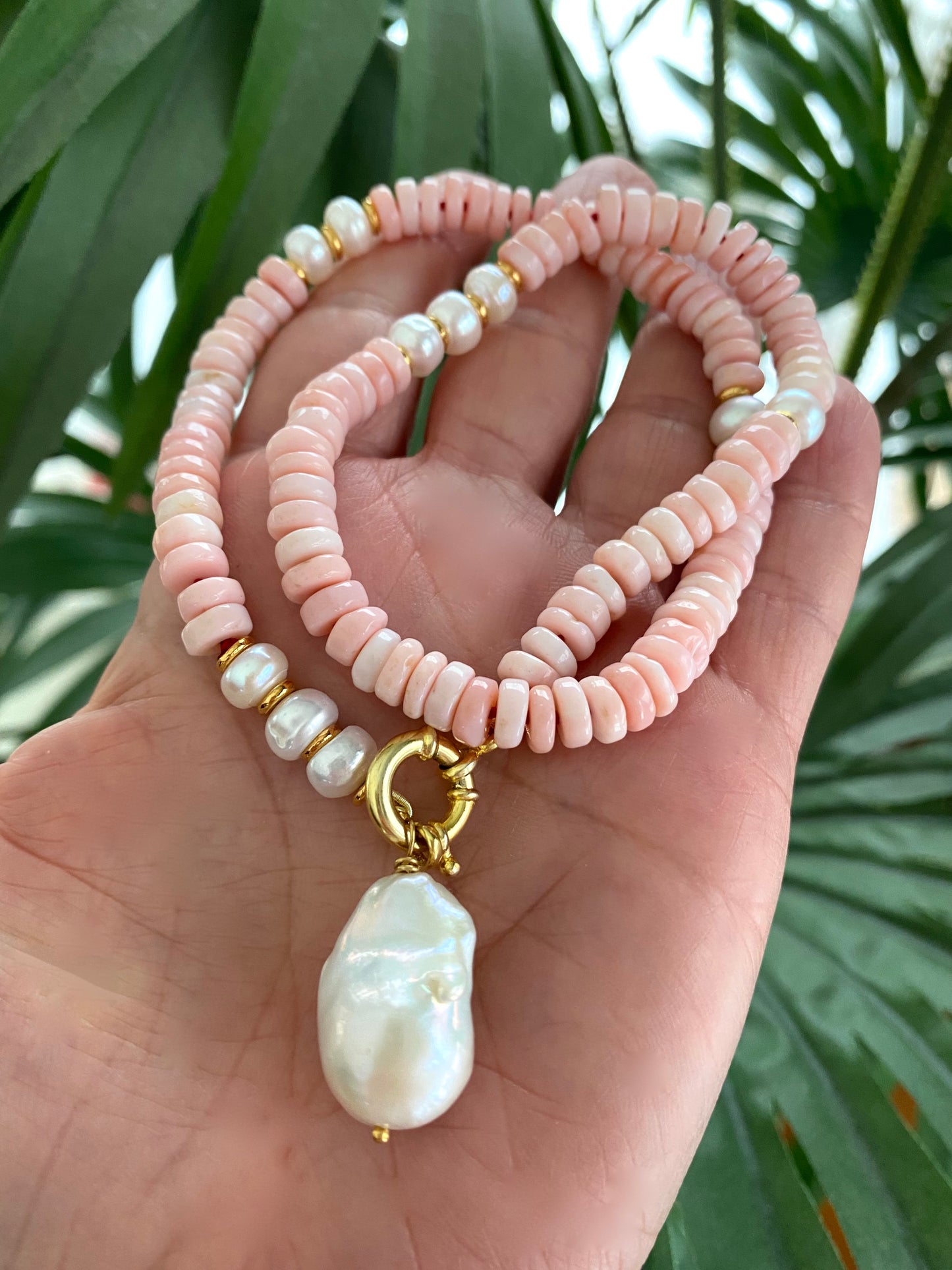 Pink opal pearl necklace with removable baroque pearl pendant and gold vermeil details