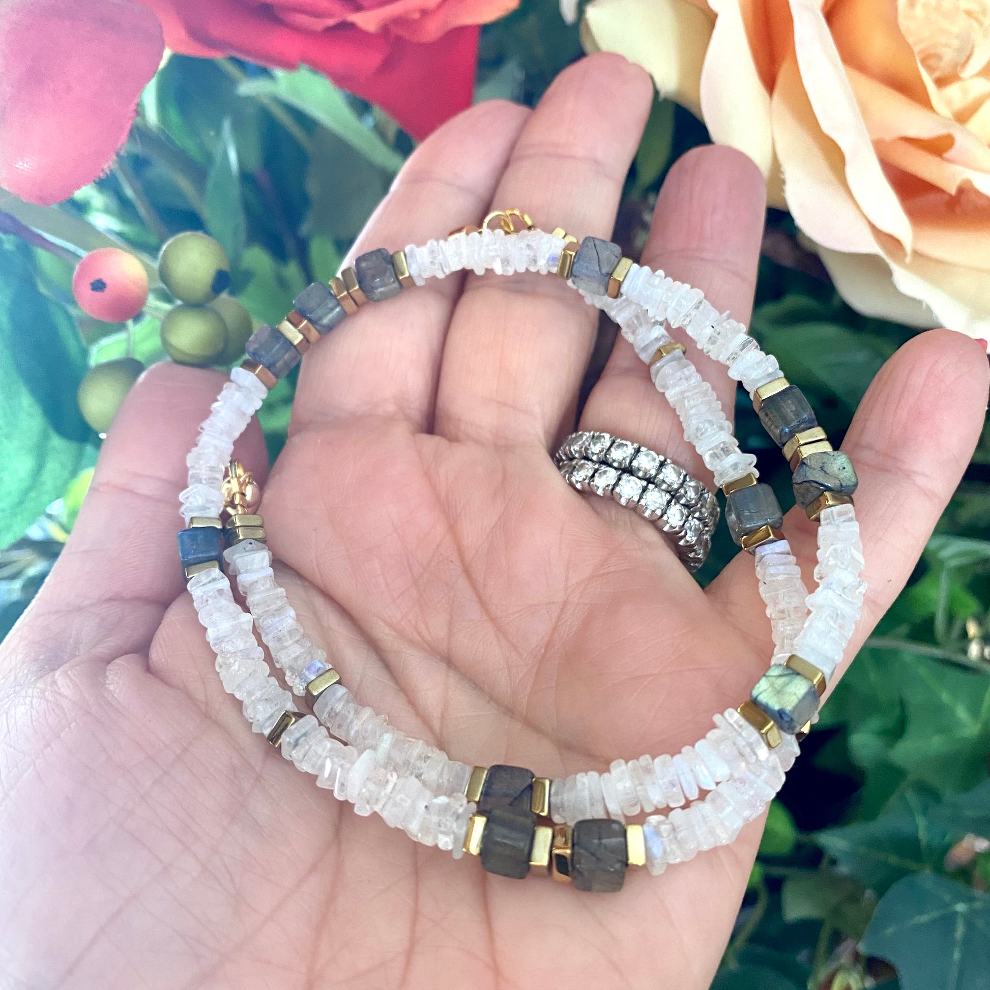 Moonstone labradorite necklace handmade in Canada with magnetic clasp and natural gemstones