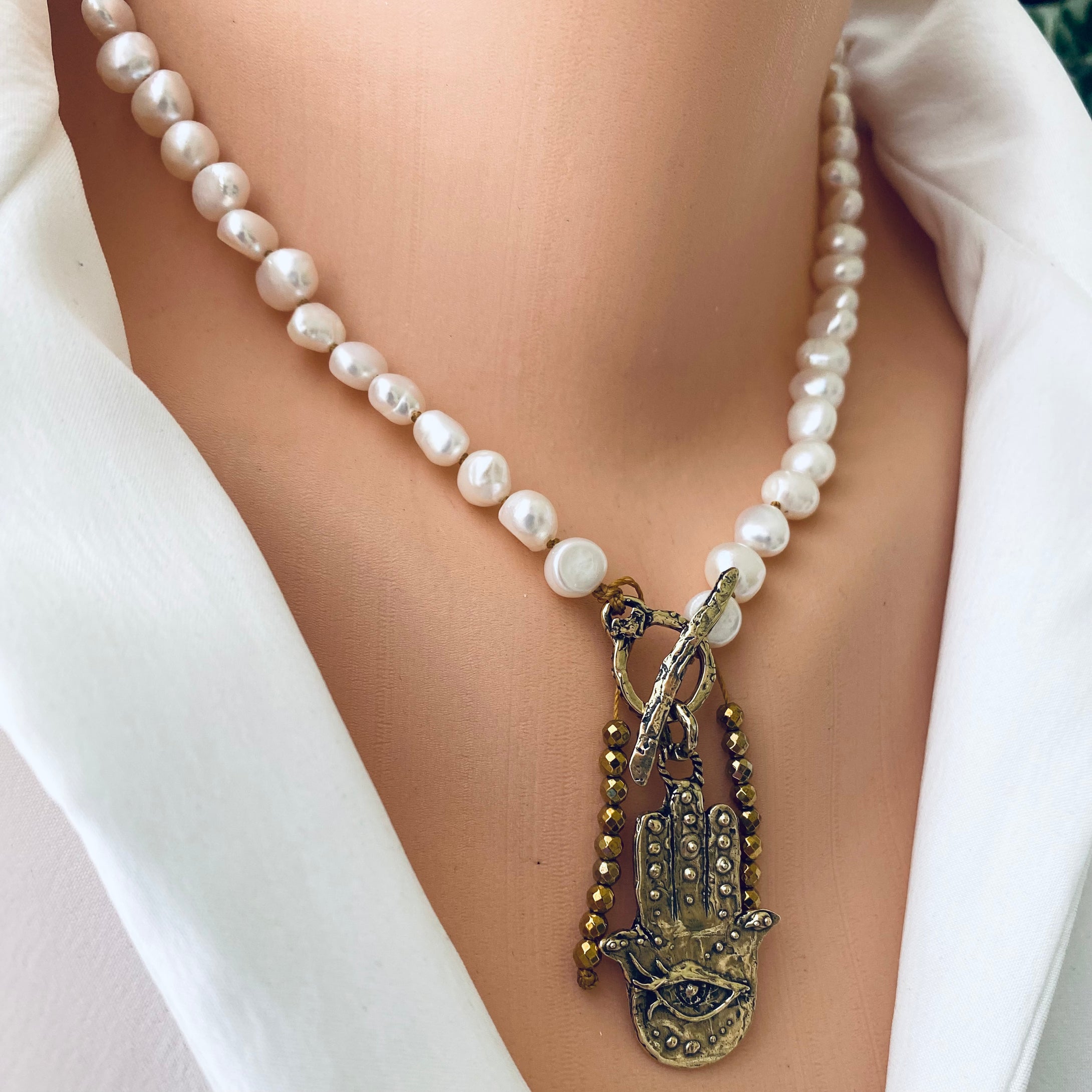 Pearl Toggle Necklace with Artisan Bronze Hamsa Pendant