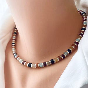 Multi Color Gemstones Choker Necklaces with Gold Coated Hematite Tire Beads,16"in