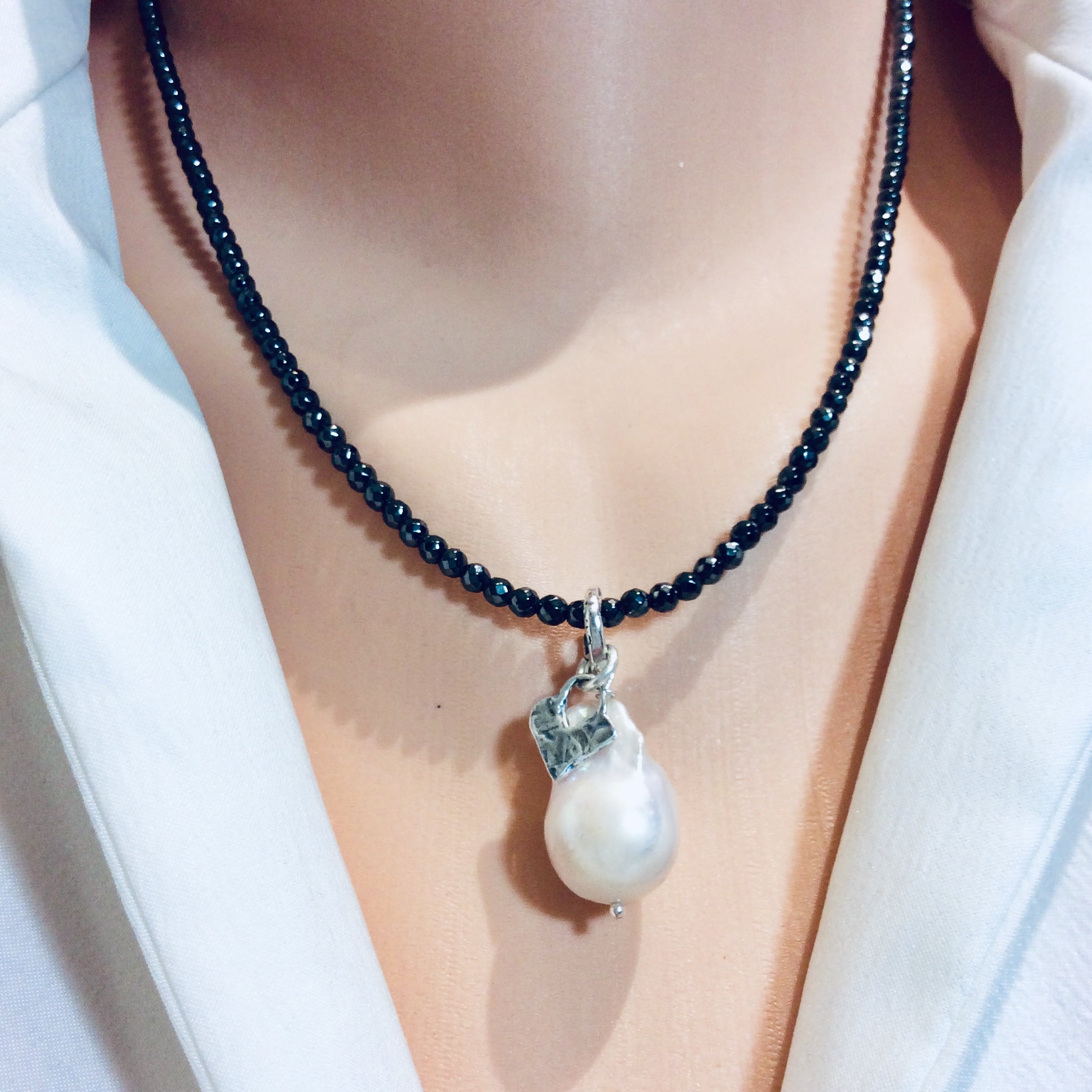 Baroque Pearl Pendant & Heart Charm Floating on Hematite Necklace
