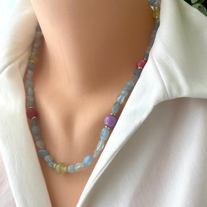 Aquamarine Necklace with Red, Lilac & Green Jade