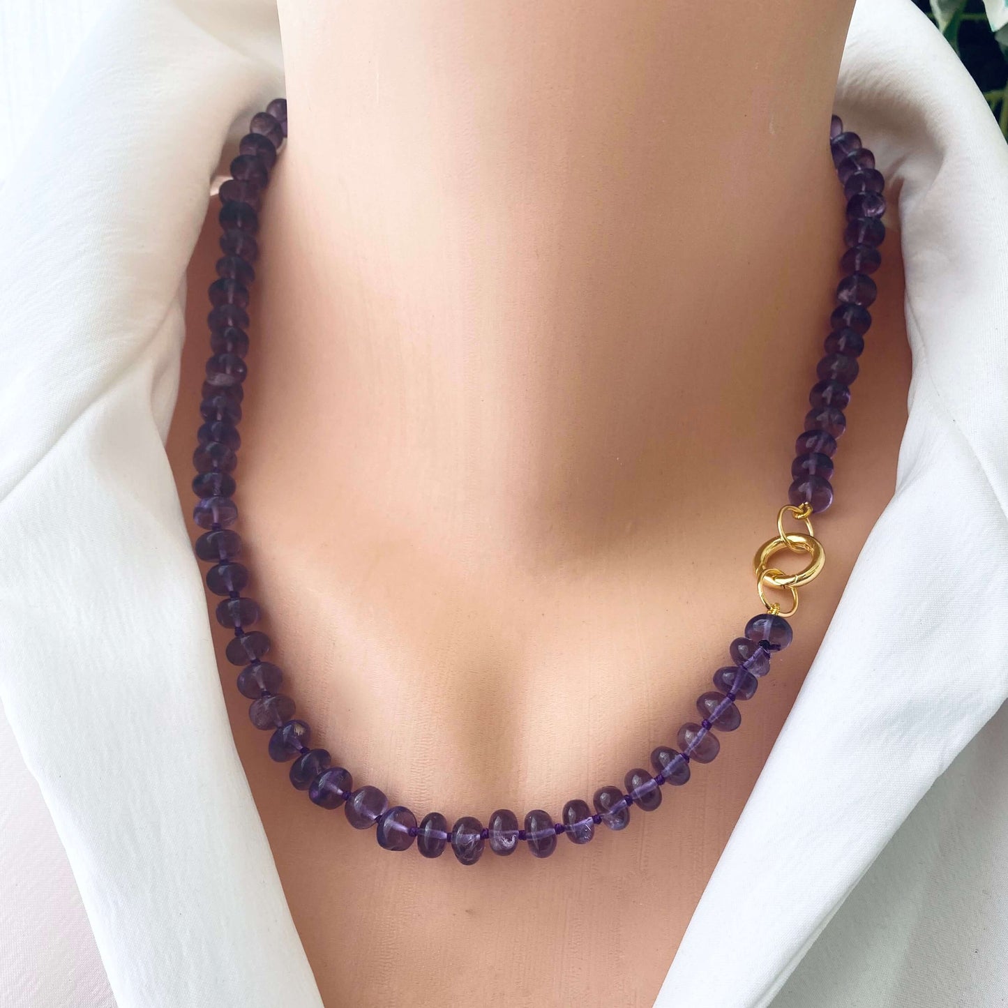 Amethyst candy necklace featuring Brazilian amethyst beads in rich purple tones, showcasing elegant handcrafted design.