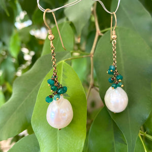 White Baroque Pearls Dangle Earrings, Women Green Onyx Earrings