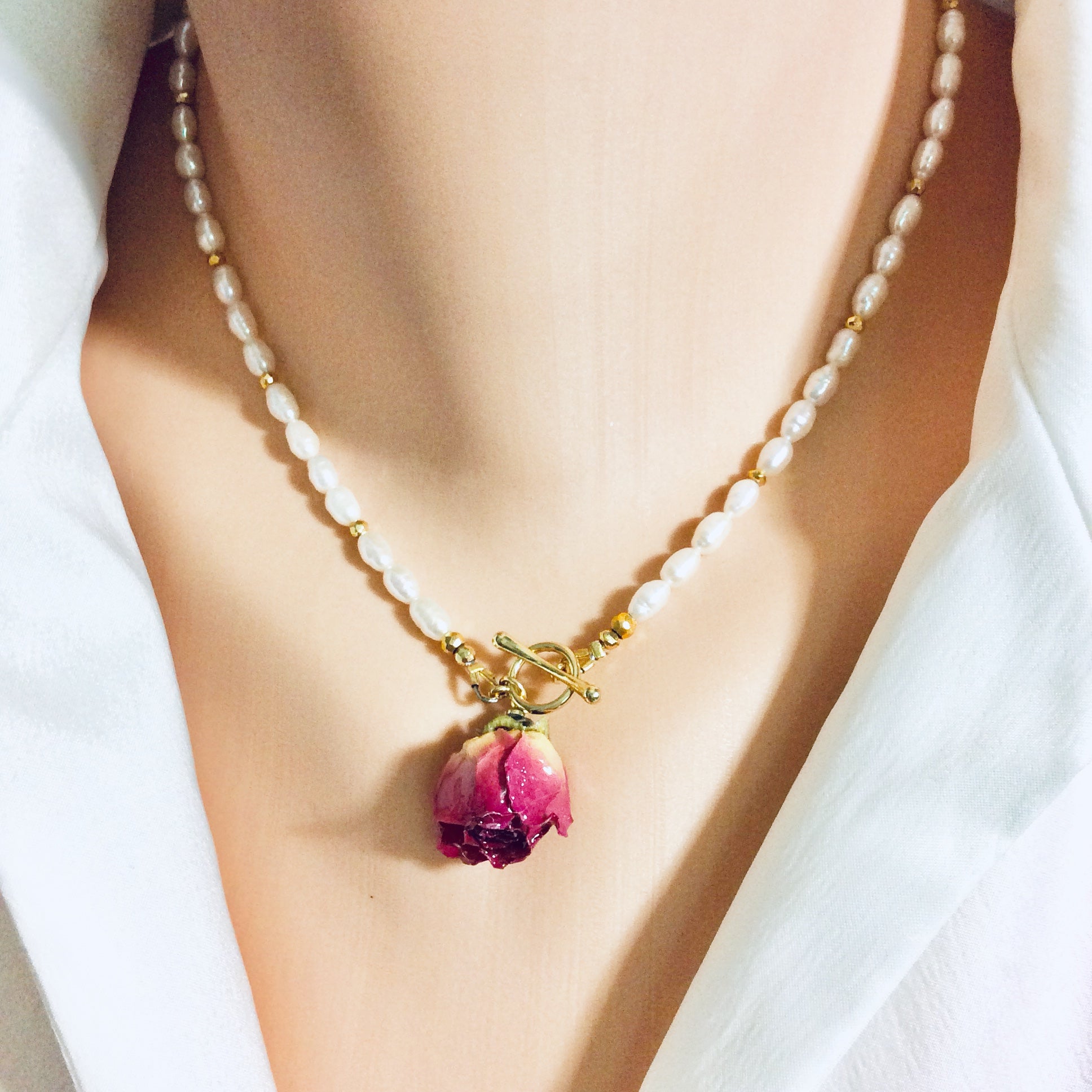 Real Red Rosebud & Pearl Beaded Necklace