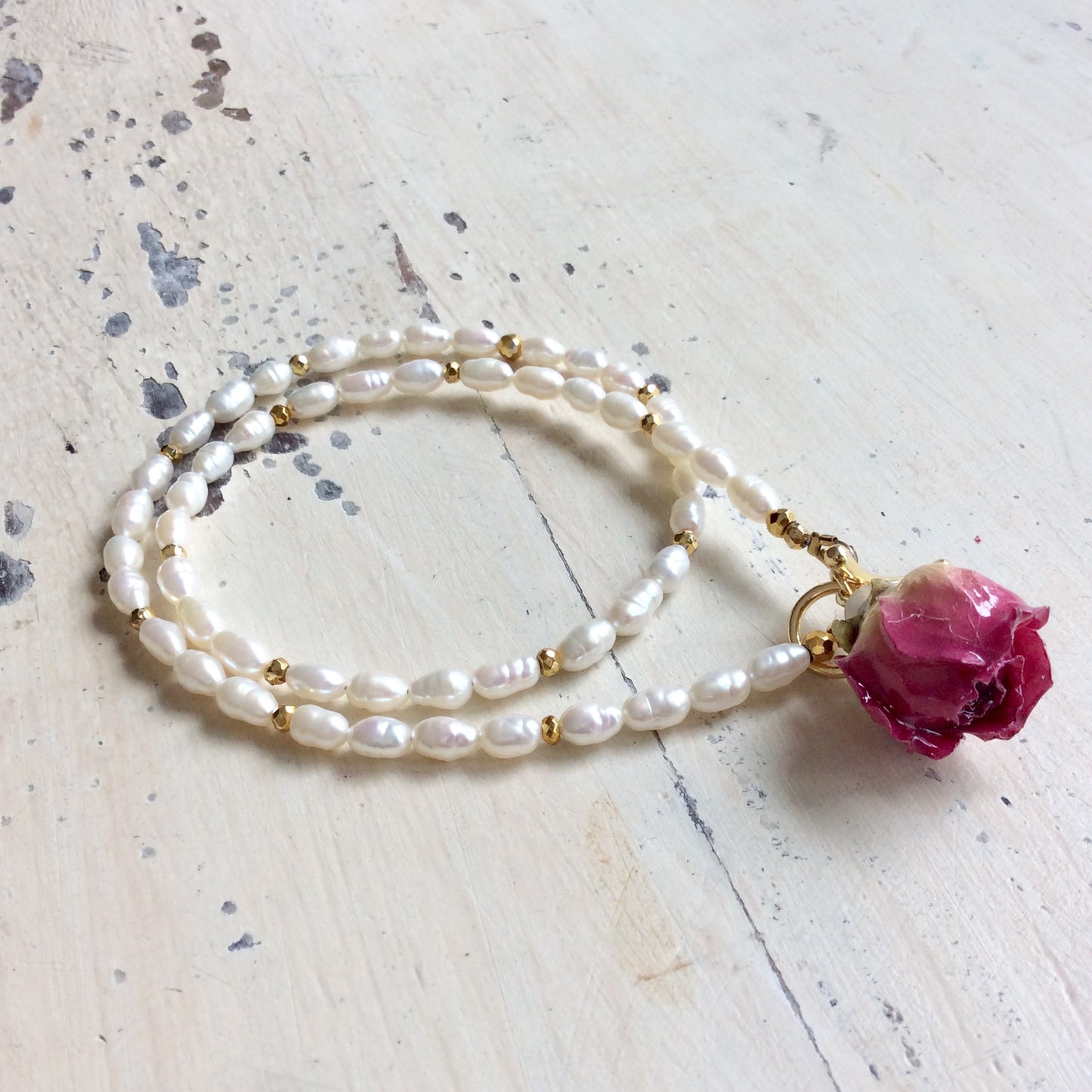 Real Red Rosebud & Pearl Beaded Necklace