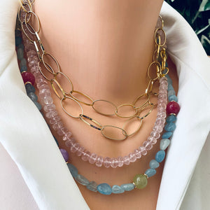 Aquamarine Bonbons Necklace w Red, Lilac & Green Jade Accent Beads, Gold Plated, 21"inches