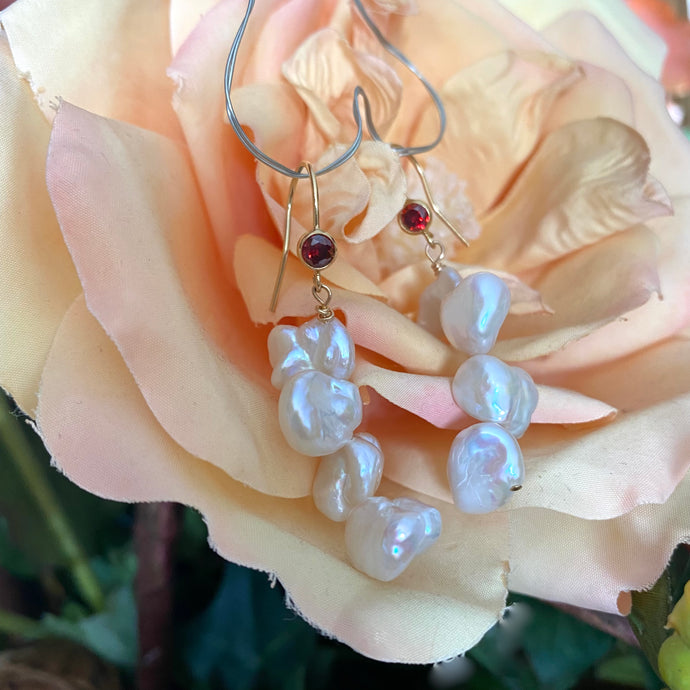 Simple and modern gold filled earrings with deep red bezel cubic zirconia and white keshi pearls