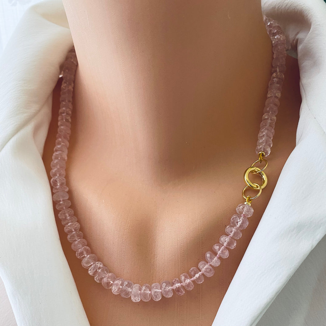 Rose Quartz Candy Necklace, Gold Vermeil Plated Push Lock or Carabiner Clasp, 19”inches