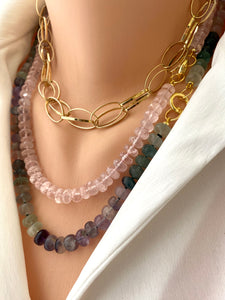 Rose Quartz Candy Necklace, Gold Vermeil Plated Push Lock or Carabiner Clasp, 19”inches