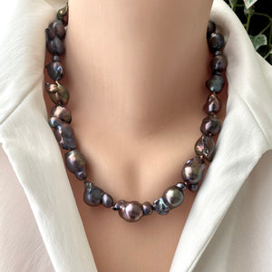 Black Baroque Pearl Chunky Necklace with Gold Vermeil Marine Closure,19.5"inches