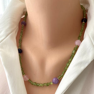 Peridot Bonbons Necklace w Rose, Lilac Jade & Amethyst Accent Beads, Gold Plated, 21"in, August Birthstone