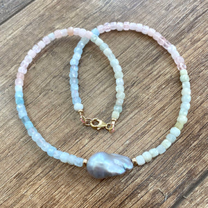 Aquamarine & Morganite Beaded Necklace w Freshwater Grey Baroque Pearl, Gold Filled Details, 17"inches, March Birthstone