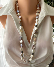 Load image into Gallery viewer, Freshwater Pearl Long Necklace, Flat Pastel Keshi Pearls, Rhinestone Pave Beads and Magnetic Clasp, 31&quot;inches
