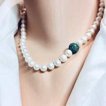Cargar imagen en el visor de la galería, Classic White Pearls Necklace with Emerald Green Cubic Zirconia Pave Silver Ball Accent &amp; Magnetic Clasp,18&quot;in
