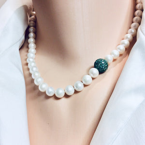 Hand knotted Freshwater pearl necklace with a touch of green