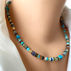 Mixed Gemstone Tire Beads & Gold Hematite Necklace, Gold Plated Magnetic Clasp, 18"inches
