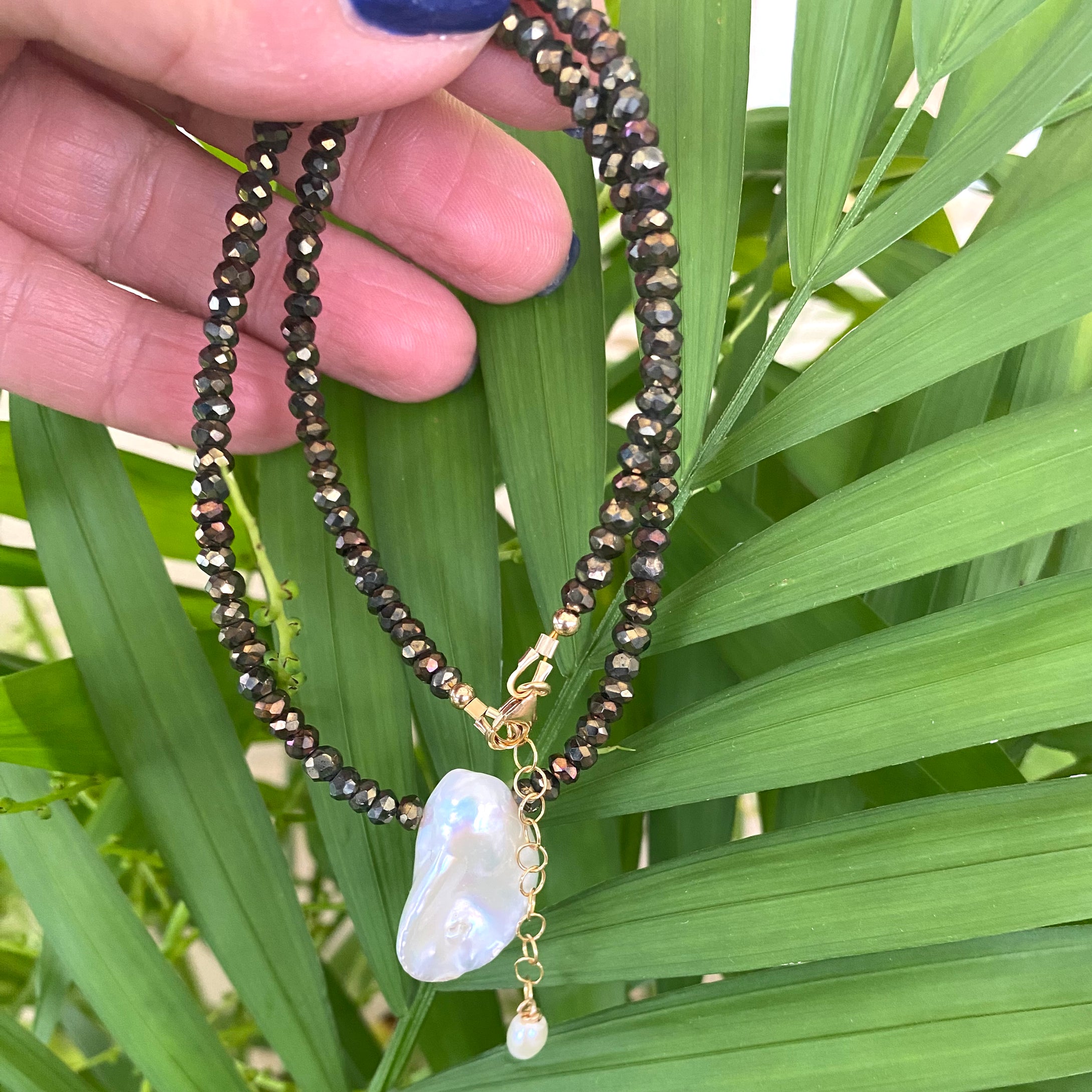 Pyrite Beads & White Keshi Pearl Choker Necklace