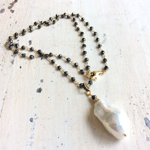 Baroque Pearl & Pyrite Pendant Necklace, Pave Diamonds, Pyrite Rosary Chain