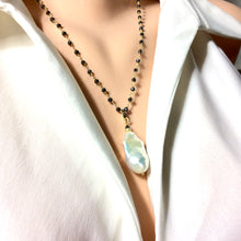 Load image into Gallery viewer, Baroque Pearl &amp; Pyrite Pendant Necklace, Pave Diamonds, Pyrite Rosary Chain

