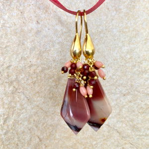 Mookaite Jasper, Garnet and Pink Coral Cluster Earrings, Gold Vermeil, 53MM