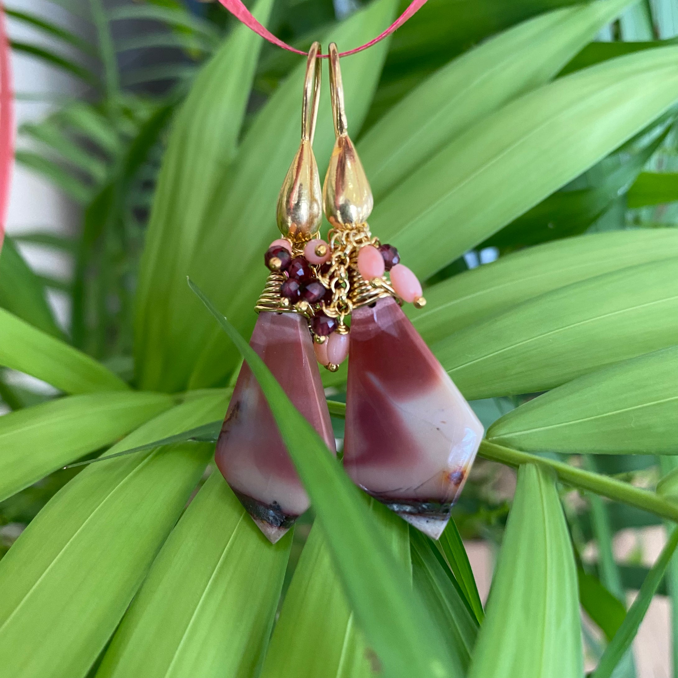 Mookaite Jasper, Garnet & Pink Coral Cluster Earrings