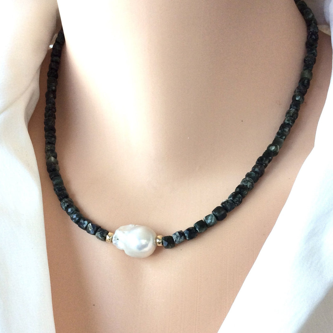 Deep Green Seraphinite Beaded Choker Necklace with White Baroque Pearl and Gold Filled Details, 16.5