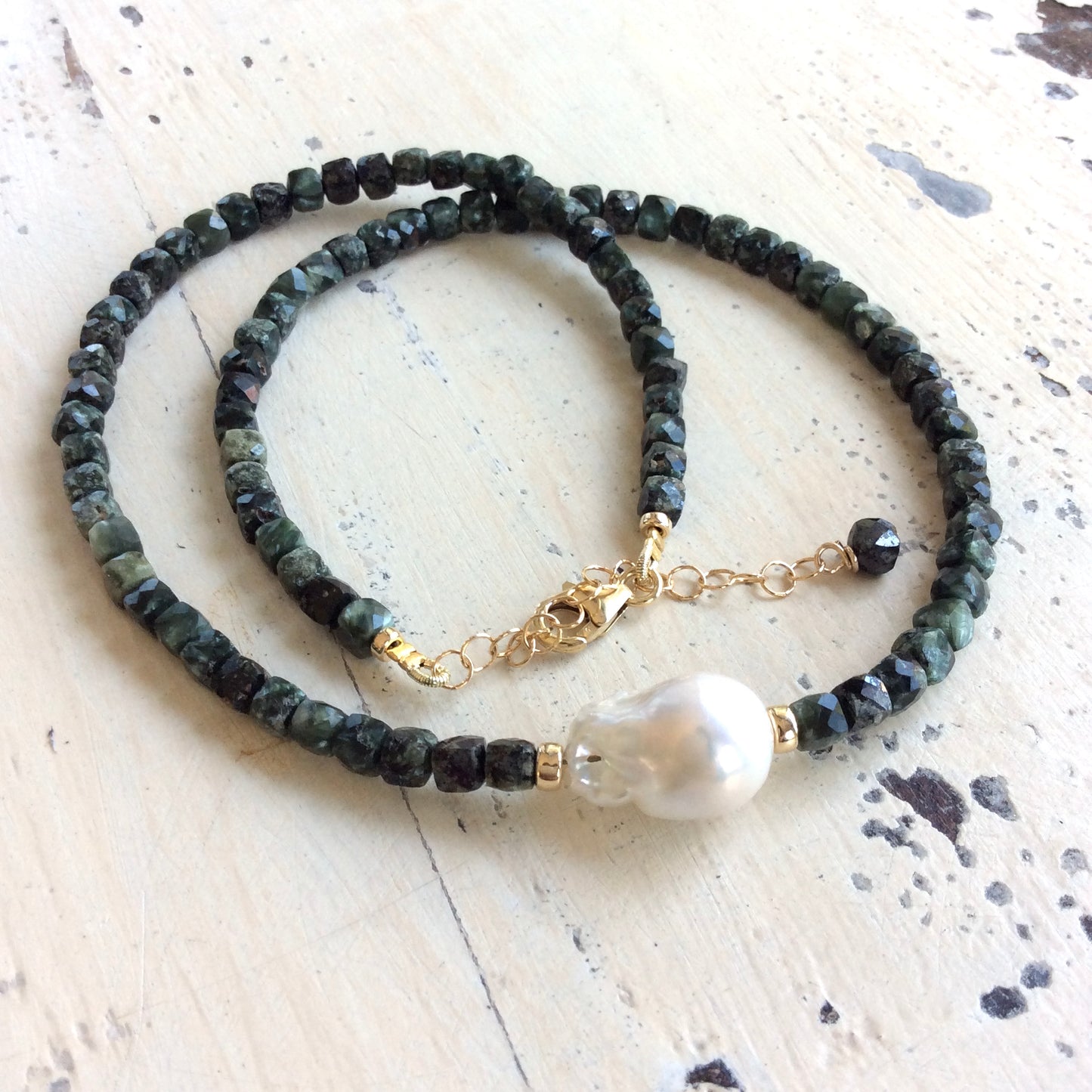 Seraphinite pearl choker necklace with faceted seraphinite beads gold filled clasp and baroque pearl