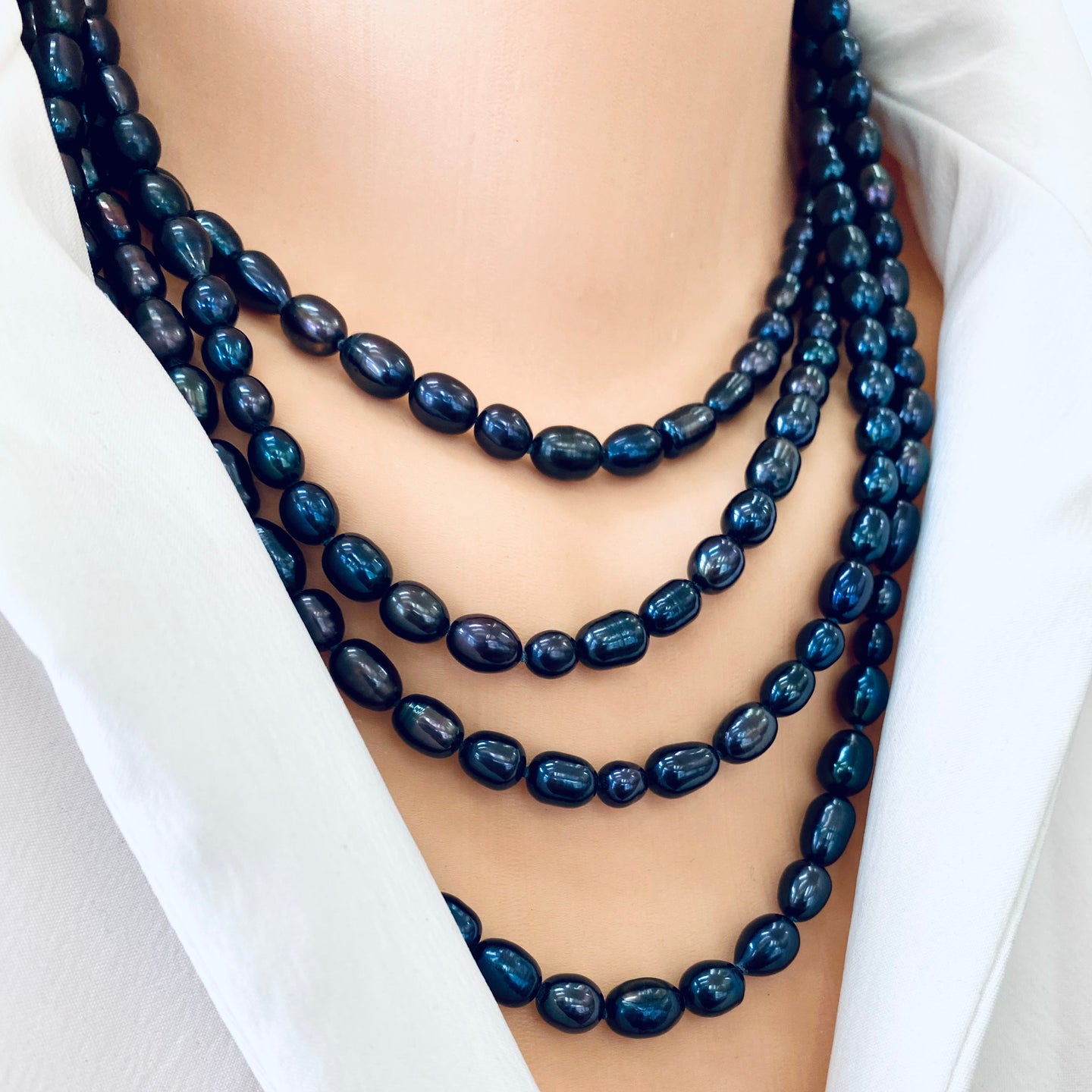 Up to 4 Layers of Peacock Navy Blue Pearl Necklace, Statement Very Long and versatile Pearl Necklace for Layered Look, Hand Knotted necklace 74