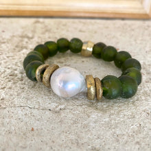 Load image into Gallery viewer, Chunky Stretch Bracelet with Baroque Pearls, Olive Green African Glass, and Tribal Influence

