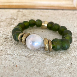 Baroque Pearl & Olive Green African Tribal Recycled Glass Bracelet