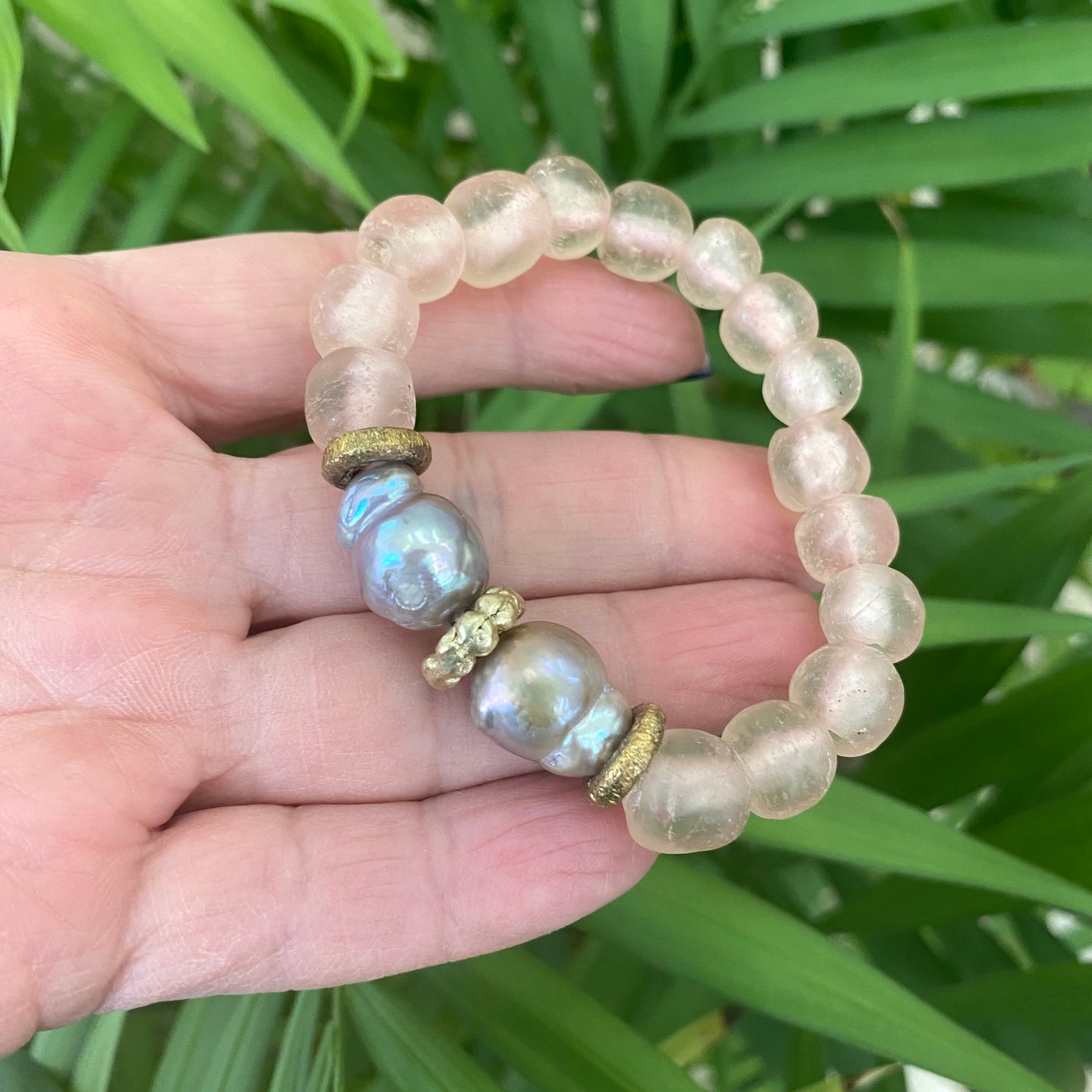 Grey Baroque Pearl Bracelet, Pale Pink African Tribal Recycled Glass, Sea Glass Beaded Bracelet