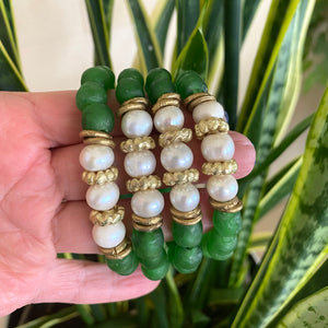 Freshwater Pearl Bracelet, Green African Tribal Recycled Glass, Sea Glass Chunky Bracelet