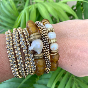 Baroque Pearl and African Tribal Glass Bead Stretch Bracelets Stack