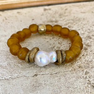 Baroque Pearl & Gold whiskey African Tribal Recycled Glass Bracelet