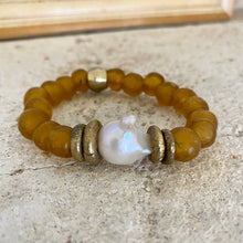Load image into Gallery viewer, Stretch Bracelet featuring Baroque Pearls, Gold Whiskey African Tribal Glass, and Chunky Design
