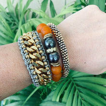 Cargar imagen en el visor de la galería, Black Pearl Bracelet, Orange African Tribal Recycled Glass, Sea Glass Beaded Chunky Bracelet
