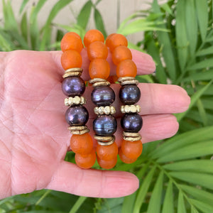 Black Pearl Bracelet, Orange African Tribal Recycled Glass, Sea Glass Beaded Chunky Bracelet