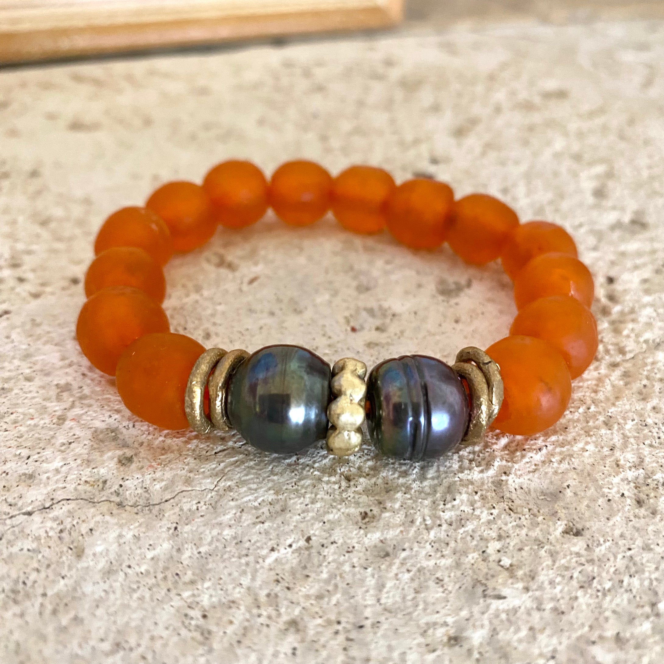 Black Pearl Bracelet & Orange African Tribal Recycled Glass