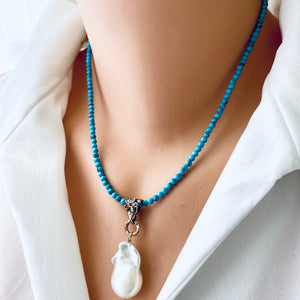 Turquoise & Baroque Pearl Pendant Necklace w Artisan Gold Bronze Bail & Gold Filled Details